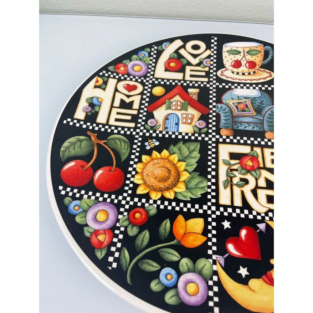 VTG 2000 Santa Barbara Ceramic Design Mary Engelbreit USA Black Platter Floral